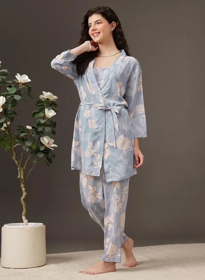 Clovia Pack of 3 - Floral Satin Cami, Robe and Pyjama